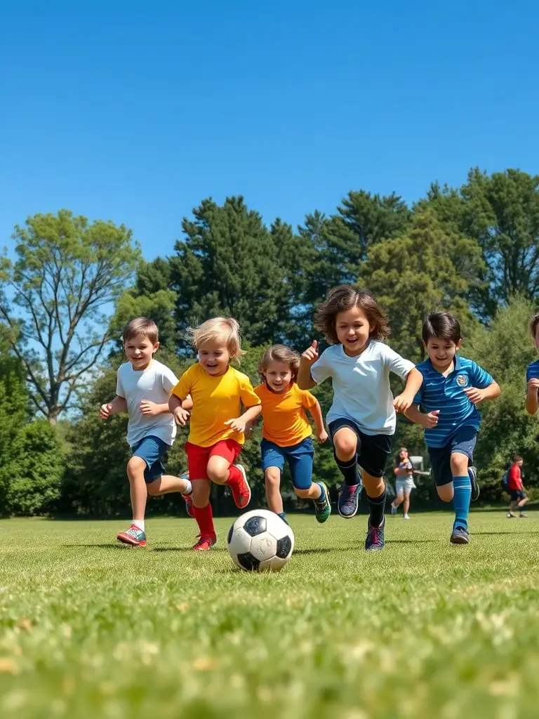 Children playing soccer on a sunny field during an ALP summer camp, demonstrating teamwork and physical activity.
