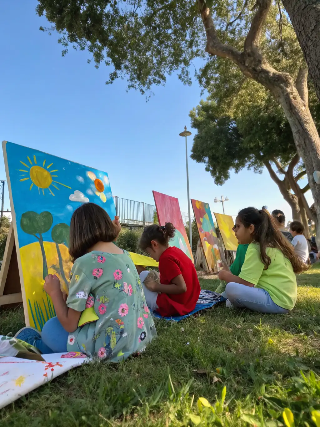 A group of children laughing and painting colorful murals on a large canvas during an arts and crafts session at ASSOCIATION LOU PITCHOUN.