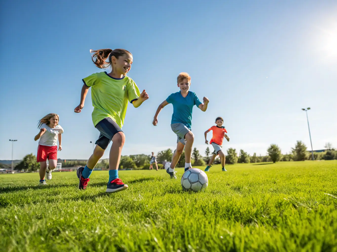 Children playing a team sport outdoors at ALP Summer Camp, illustrating the camp's emphasis on physical activity and teamwork.