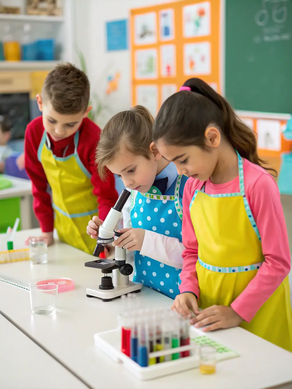 A group of children participating in a science experiment, demonstrating the educational workshops at ASSOCIATION LOU PITCHOUN.