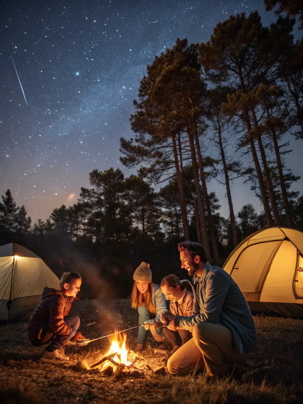 Children gathered around a campfire, singing songs and sharing stories during an evening activity at ASSOCIATION LOU PITCHOUN.