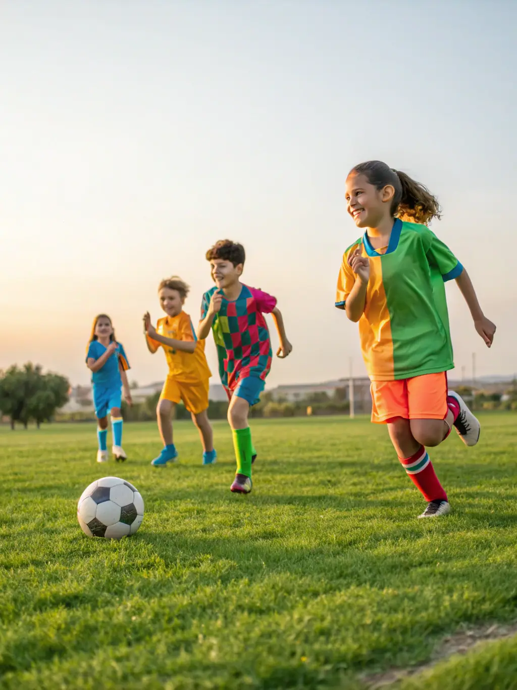 Children playing soccer on a sunny field, showcasing the sports and outdoor activities offered at ASSOCIATION LOU PITCHOUN.