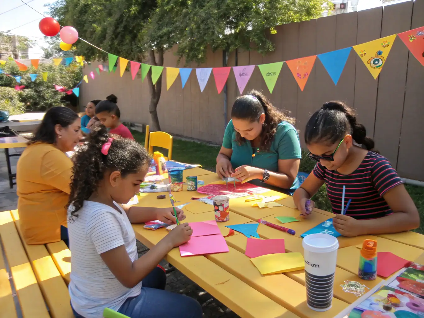 A group of children laughing and working together on an arts and crafts project at ALP Summer Camp, showcasing the camp's focus on creativity and collaboration.
